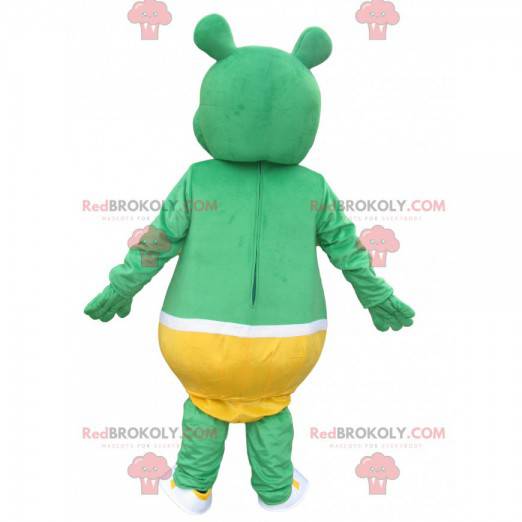 Mascot little green bear with a yellow kangaroo slip -