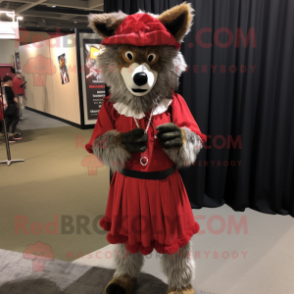 Red Wolf mascot costume character dressed with a Wrap Dress and Cummerbunds