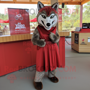 Red Wolf mascot costume character dressed with a Wrap Dress and Cummerbunds