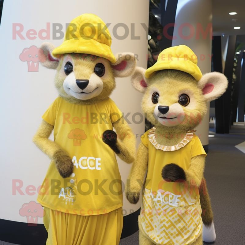 Gold Aye-Aye mascot costume character dressed with a Midi Dress and Caps Gold Aye-Aye mascot costume character dressed with a Midi Dress and Caps