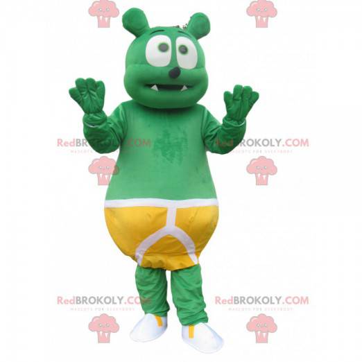 Mascote ursinho verde com deslizamento de canguru amarelo -