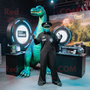 Black Brachiosaurus mascot costume character dressed with a Jumpsuit and Bracelet watches