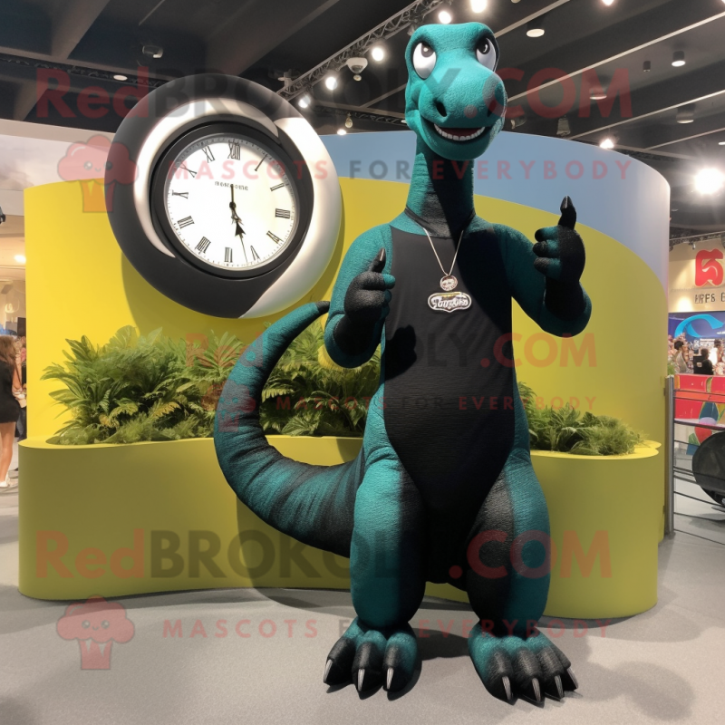 Black Brachiosaurus mascot costume character dressed with a Jumpsuit and Bracelet watches