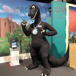 Black Brachiosaurus mascot costume character dressed with a Jumpsuit and Bracelet watches