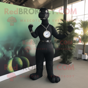 Black Brachiosaurus mascot costume character dressed with a Jumpsuit and Bracelet watches