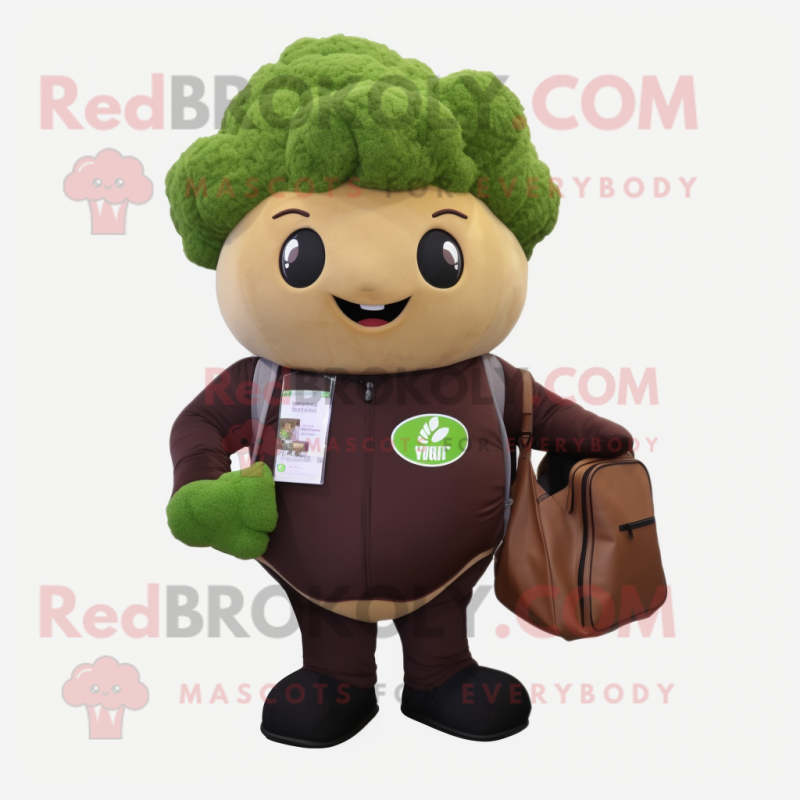 Brown Broccoli mascot costume character dressed with a Sweatshirt and Messenger bags Brown Broccoli mascot costume character dressed with a Sweatshirt and Messenger bags