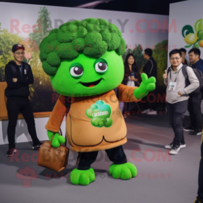 Brown Broccoli mascot costume character dressed with a Sweatshirt and Messenger bags