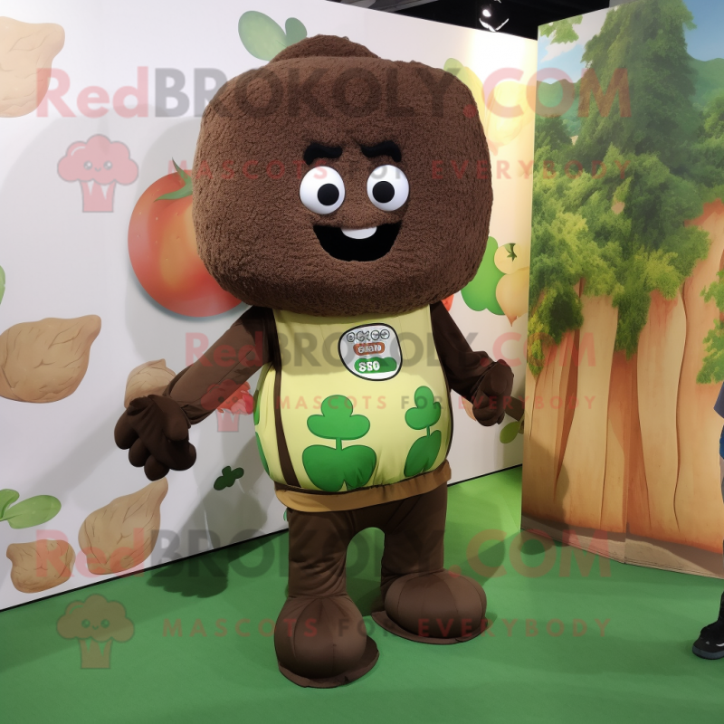 Brown Broccoli mascot costume character dressed with a Sweatshirt and Messenger bags Brown Broccoli mascot costume character dressed with a Sweatshirt and Messenger bags