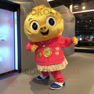 Gold Raspberry mascot costume character dressed with a Windbreaker and Coin purses