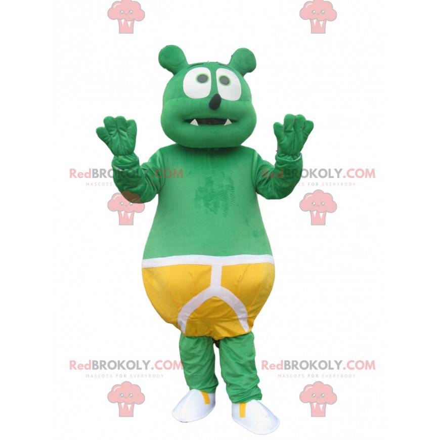 Mascot little green bear with a yellow kangaroo slip -