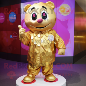 Gold Raspberry mascot costume character dressed with a Windbreaker and Coin purses