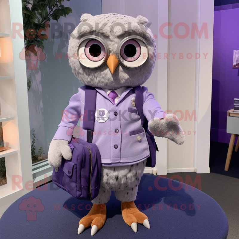 Lavender Owl mascot costume character dressed with a Oxford Shirt and Messenger bags