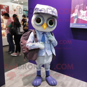 Lavender Owl mascot costume character dressed with a Oxford Shirt and Messenger bags