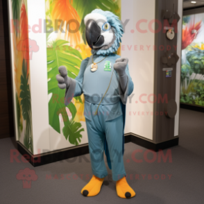 Silver Macaw mascot costume character dressed with a Jumpsuit and Scarf clips