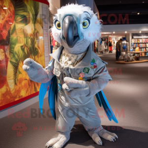 Silver Macaw mascot costume character dressed with a Jumpsuit and Scarf clips