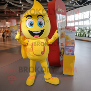 Yellow Plum mascot costume character dressed with a Flare Jeans and Wallets