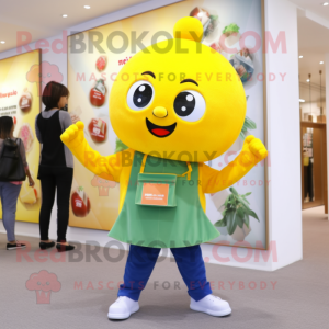 Yellow Plum mascot costume character dressed with a Flare Jeans and Wallets