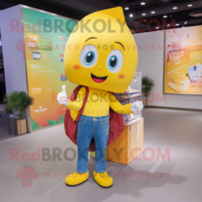 Yellow Plum mascot costume character dressed with a Flare Jeans and Wallets