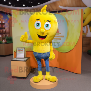 Yellow Plum mascot costume character dressed with a Flare Jeans and Wallets
