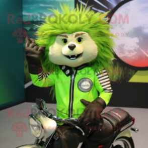 Lime Green Porcupine mascot costume character dressed with a Moto Jacket and Bracelets