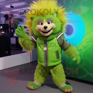 Lime Green Porcupine mascot costume character dressed with a Moto Jacket and Bracelets