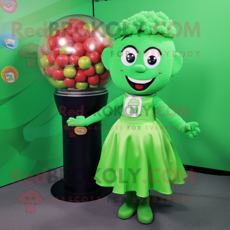 Green Gumball Machine mascot costume character dressed with a Wrap Skirt and Lapel pins