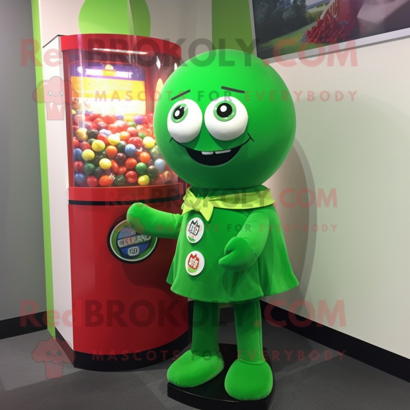 Green Gumball Machine mascot costume character dressed with a Wrap Skirt and Lapel pins Green Gumball Machine mascot costume character dressed with a Wrap Skirt and Lapel pins