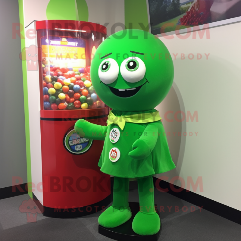 Green Gumball Machine mascot costume character dressed with a Wrap Skirt and Lapel pins