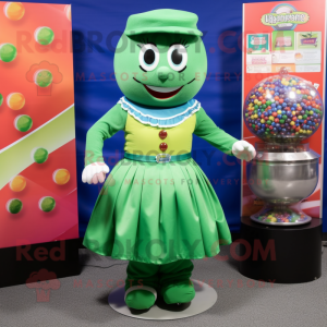 Green Gumball Machine mascot costume character dressed with a Wrap Skirt and Lapel pins