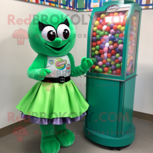 Green Gumball Machine mascot costume character dressed with a Wrap Skirt and Lapel pins