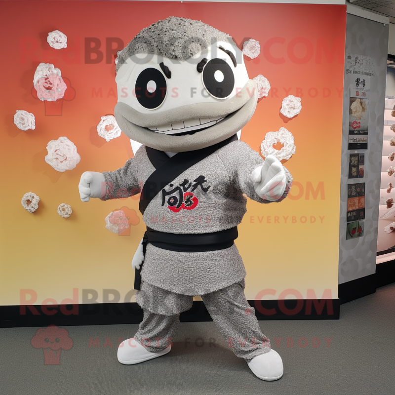 Gray Fried Rice mascot costume character dressed with a Rash Guard and Belts Gray Fried Rice mascot costume character dressed with a Rash Guard and Belts