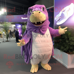 Lavender T Rex mascot costume character dressed with a Parka and Scarves