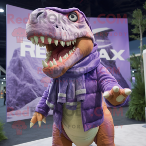 Lavender T Rex mascot costume character dressed with a Parka and Scarves