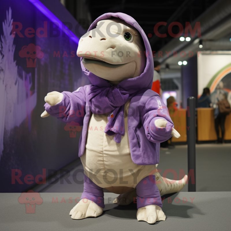 Lavender T Rex mascot costume character dressed with a Parka and Scarves Lavender T Rex mascot costume character dressed with a Parka and Scarves