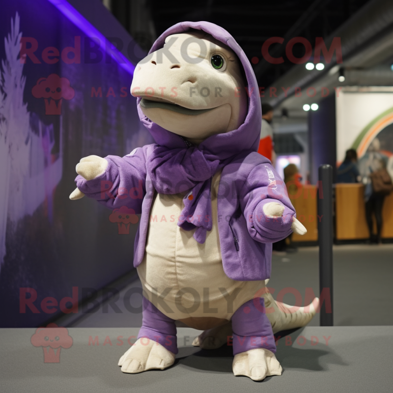 Lavender T Rex mascot costume character dressed with a Parka and Scarves