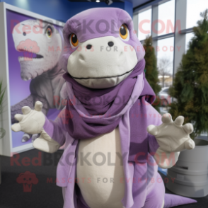 Lavender T Rex mascot costume character dressed with a Parka and Scarves