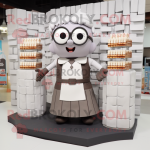 Gray Chocolate Bars mascot costume character dressed with a Skirt and Eyeglasses