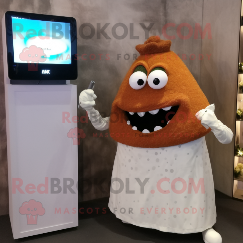 Rust Steak mascot costume character dressed with a Wedding Dress and Digital watches