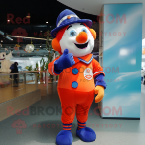 Navy Clown Fish mascot costume character dressed with a Playsuit and Hat pins