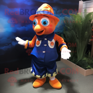 Navy Clown Fish mascot costume character dressed with a Playsuit and Hat pins