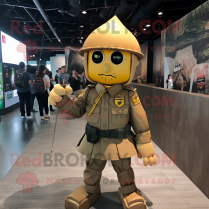 Gold Army Soldier mascot costume character dressed with a Henley Shirt and Backpacks