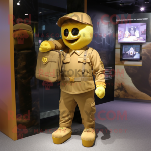 Gold Army Soldier mascot costume character dressed with a Henley Shirt and Backpacks