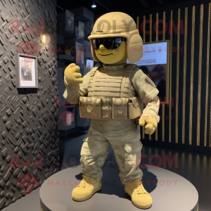 Gold Army Soldier mascot costume character dressed with a Henley Shirt and Backpacks