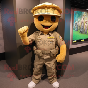 Gold Army Soldier mascot costume character dressed with a Henley Shirt and Backpacks