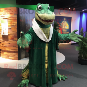 Forest Green Crocodile mascot costume character dressed with a Sheath Dress and Shawls