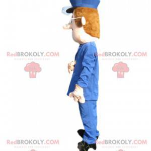 Mascota del muñeco de nieve con un traje azul y una gorra. -