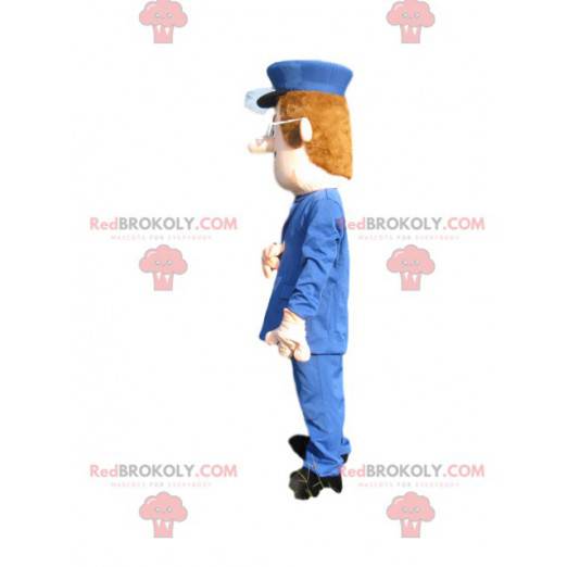 Mascotte de bonhomme avec un costard bleu et une casquette -