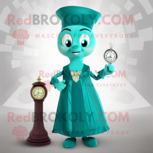 Teal Hourglass mascot costume character dressed with a Sheath Dress and Brooches