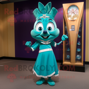 Teal Hourglass mascot costume character dressed with a Sheath Dress and Brooches