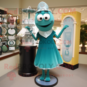 Teal Hourglass mascot costume character dressed with a Sheath Dress and Brooches